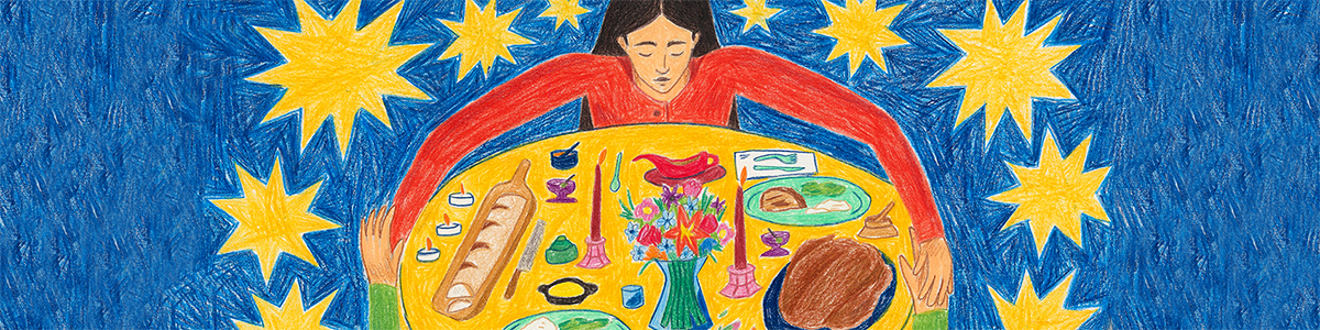 Love for Dinner art by Andrés Garzon shows two people holding hands around a table laden with food and fresh flowers and candles, all on a blue background with yellow stars.