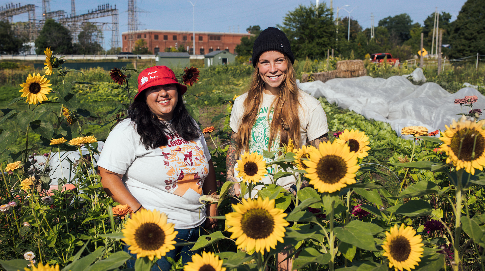 Urban Roots, CSRF funded agency: Jen and Anna amid the sunflowers with packhouse in the back