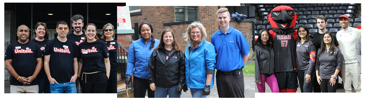 Photo collage: Photo on the left: group of Sponsored Employees at Harvest Lunch in 2024. Centre photo: BMO Bank of Montreal volunteering at Day of Caring in 2025. Photo on the right: Fanshawe volunteers with Damien Warner at StairClimb in 2024.