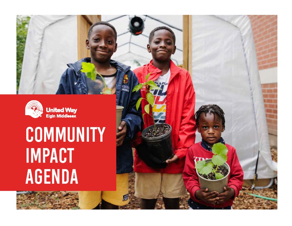2026 Community Impact Agenda - cover image of 3 boys holding plants at greenhouse