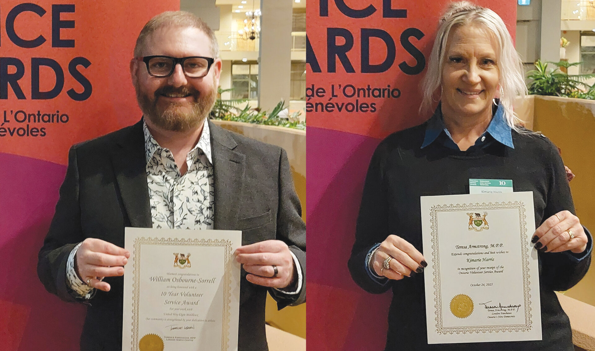 Ontario’s Ministry of Citizenship & Multiculturalism honoured two of our long-serving volunteers, Kimmarie Harris and Wil Osbourne-Sorrell, with Volunteer Service Awards