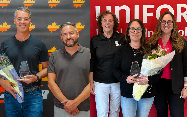 Labour Appreciation Awards winners - Left: Jim MacKinnon Community Builder Award was Ryan Aarts of J-AAR with Brandon MacKinnon of LiUNA Local 1059. Right: Labour Appreciation Award winner, Alex McCoy of Unifor Local 88 with Roxanne Riddell and Faith Morrision