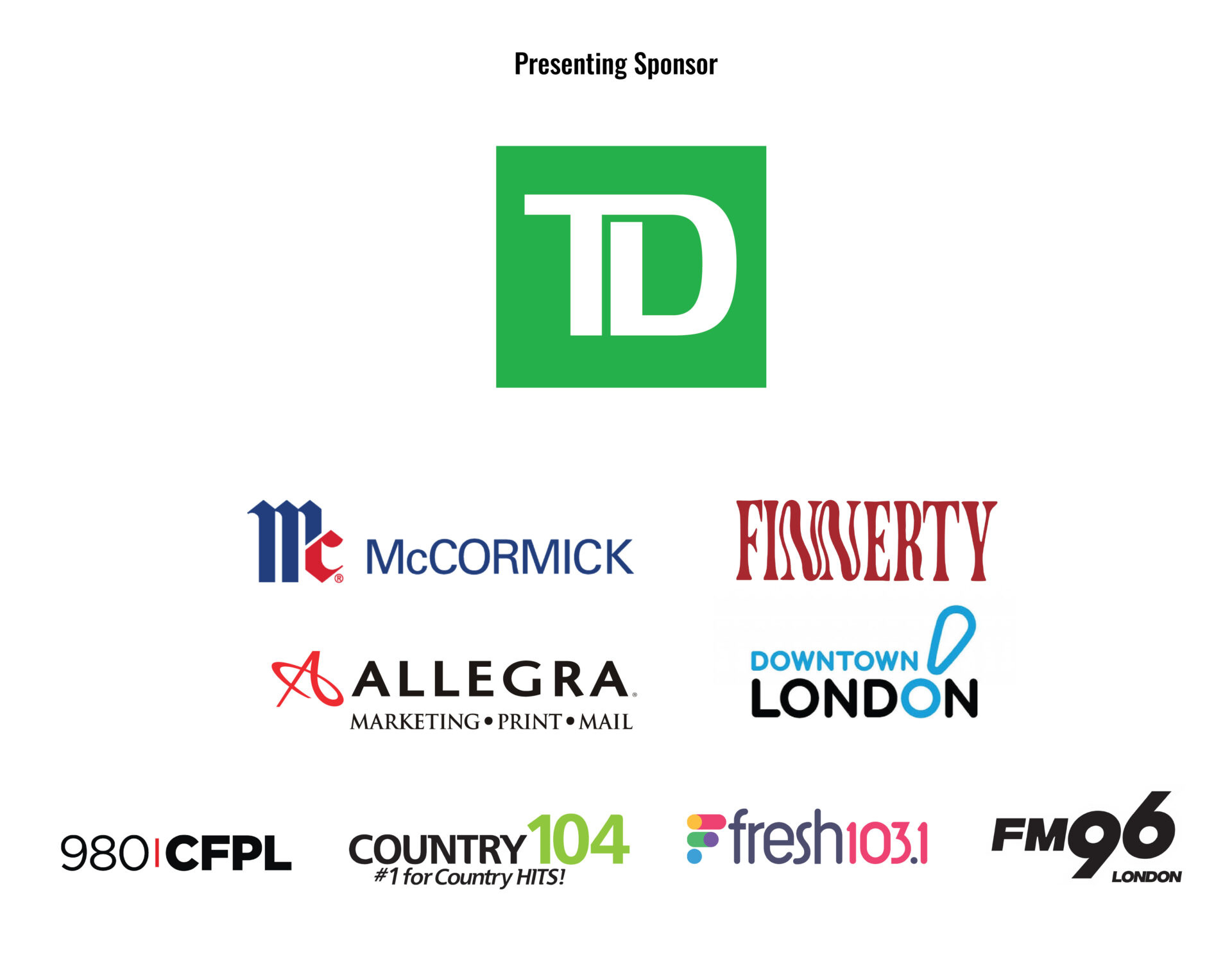 2026 Ultimate Burger Battle sponsors; TD Bank, McCormick, Finnerty, Allegra Printing, Downtown London, Corus Radio